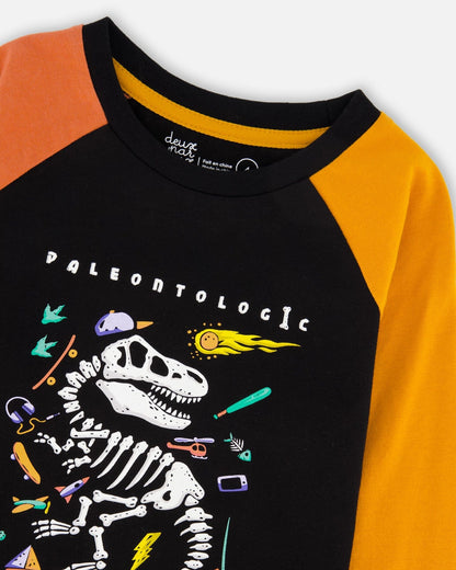 Black Long Sleeve Raglan T-Shirt With Glow-In-The-Dark Dinosaur Print-3