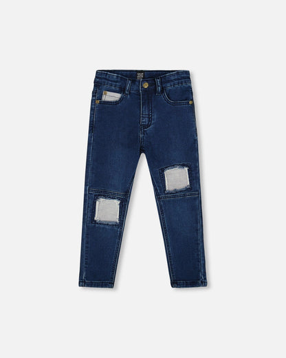 French Terry Blue Denim Pants With Contrasting Patch-0
