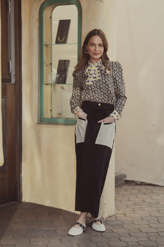 Cotton Bow Blouse-Two Tone Geometric-0