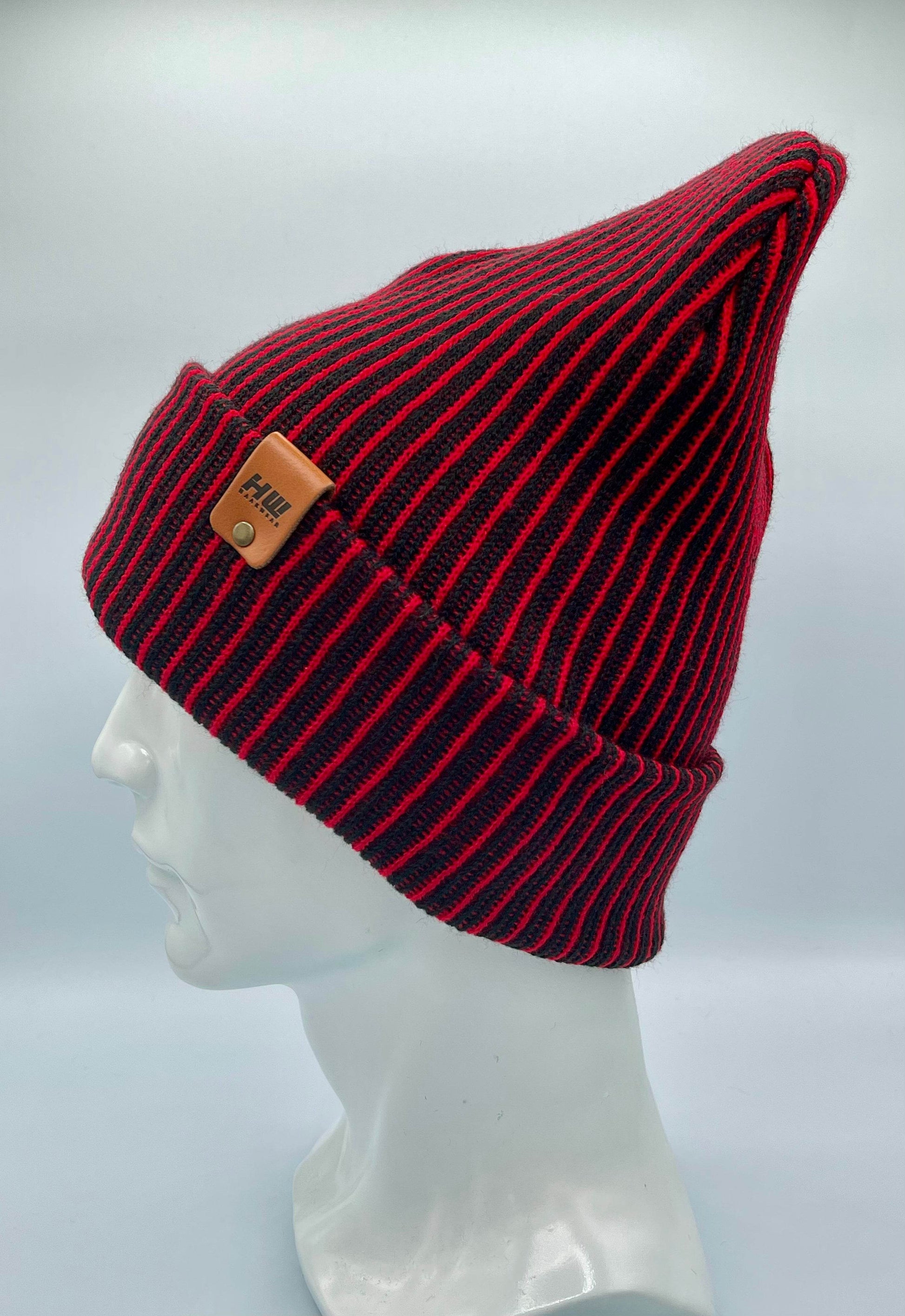 HAAKWEAR Cuffed Wide Ribbed Striped Beanie / Hat, Black / Red, Limited Edition - Made in USA-1