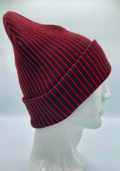 HAAKWEAR Cuffed Wide Ribbed Striped Beanie / Hat, Black / Red, Limited Edition - Made in USA-2