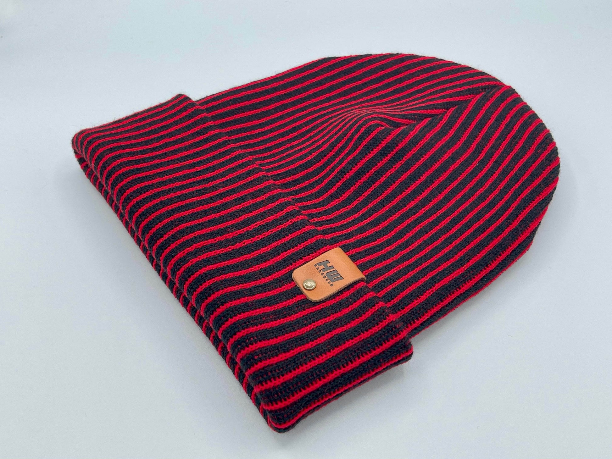 HAAKWEAR Cuffed Wide Ribbed Striped Beanie / Hat, Black / Red, Limited Edition - Made in USA-4