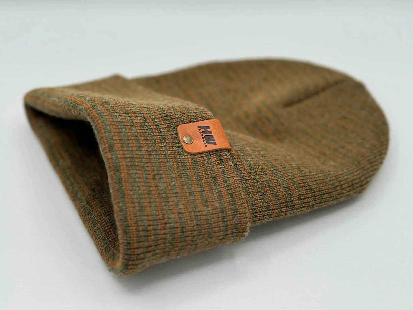 HAAKWEAR Traditional Contrast Cuffed Beanie Hat - Brown / Green, Made in USA-1