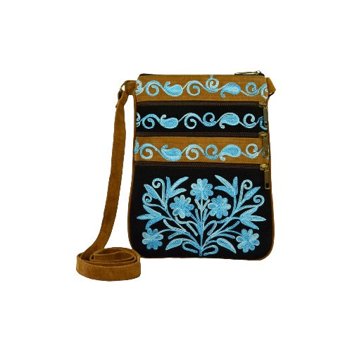Blue And Black Suede Embroidered Cross-Body Bag-1