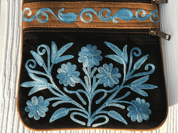 Blue And Black Suede Embroidered Cross-Body Bag-2