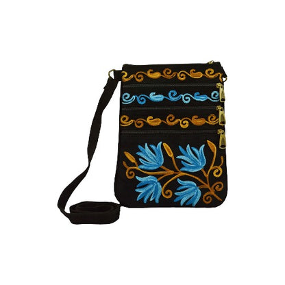 Blue And Black Suede Embroidered Cross-Body Bag-3