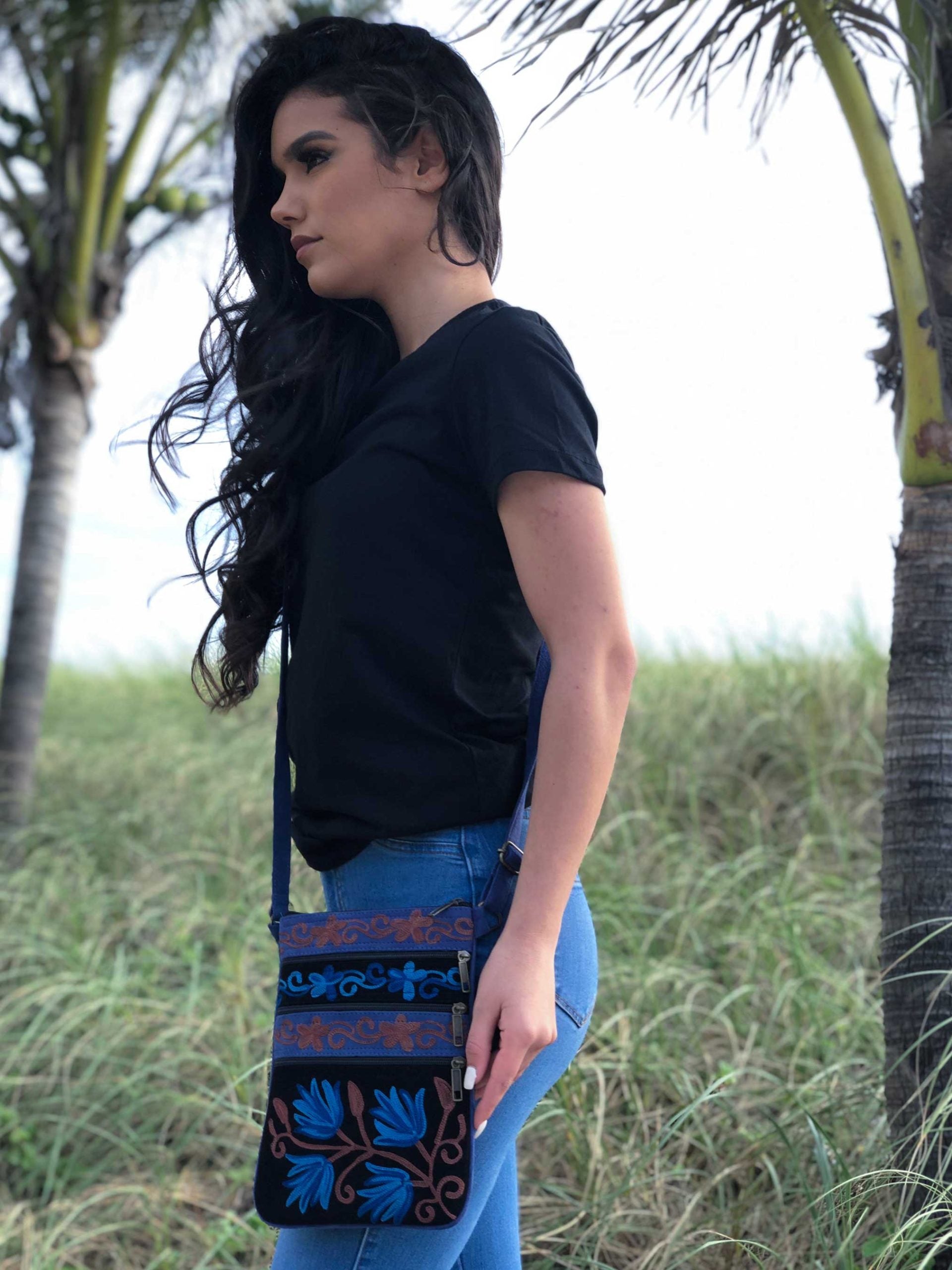 Blue And Black Suede Embroidered Cross-Body Bag-1