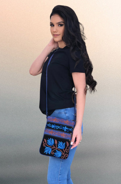 Blue And Black Suede Embroidered Cross-Body Bag-0