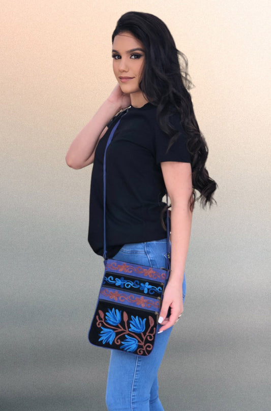 Blue And Black Suede Embroidered Cross-Body Bag-0