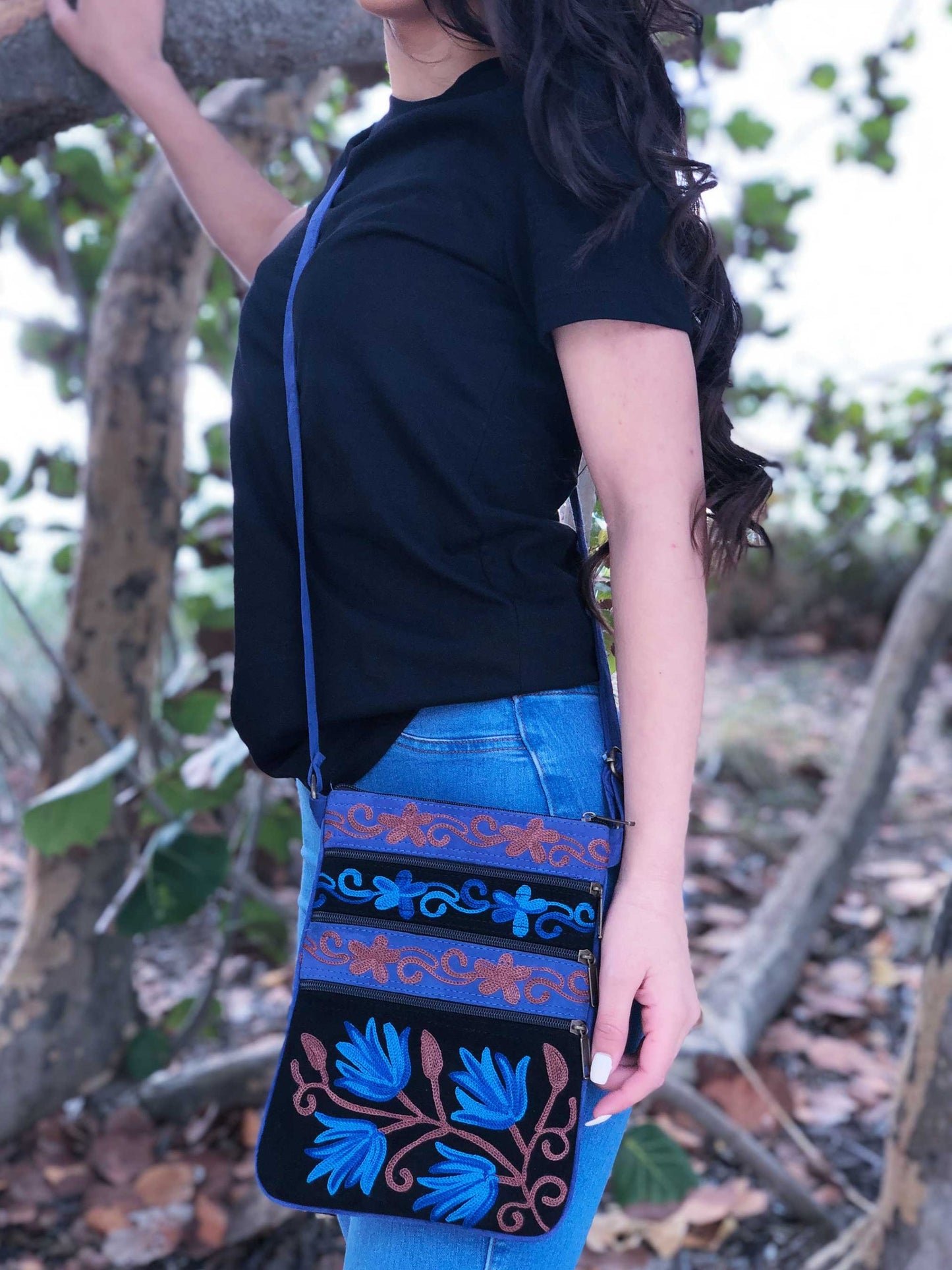 Blue And Black Suede Embroidered Cross-Body Bag-2