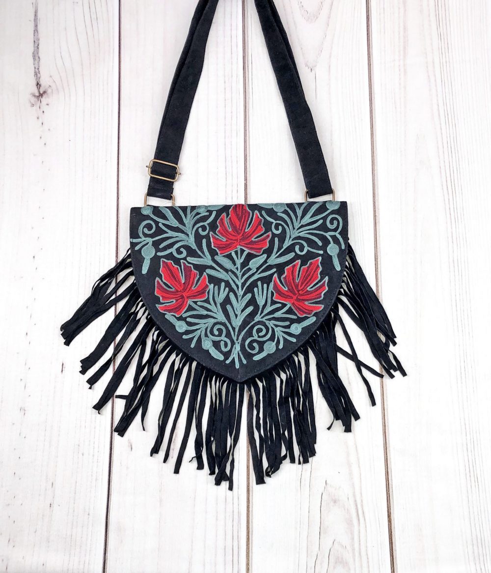 Handmade Green and Red Suede Embroidered Heart Shaped Bag-6