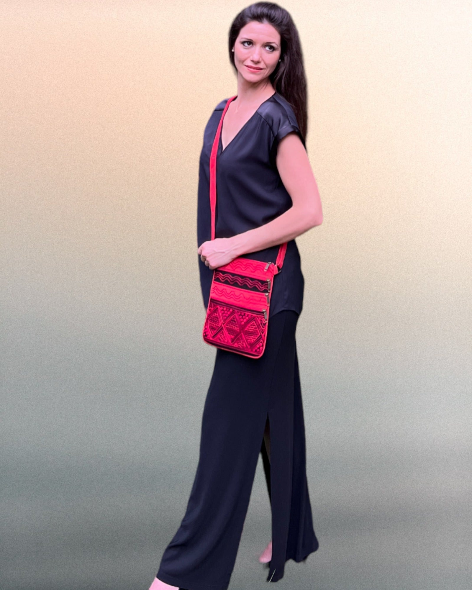 Handmade Black and Red Suede Cross Body Bag-2