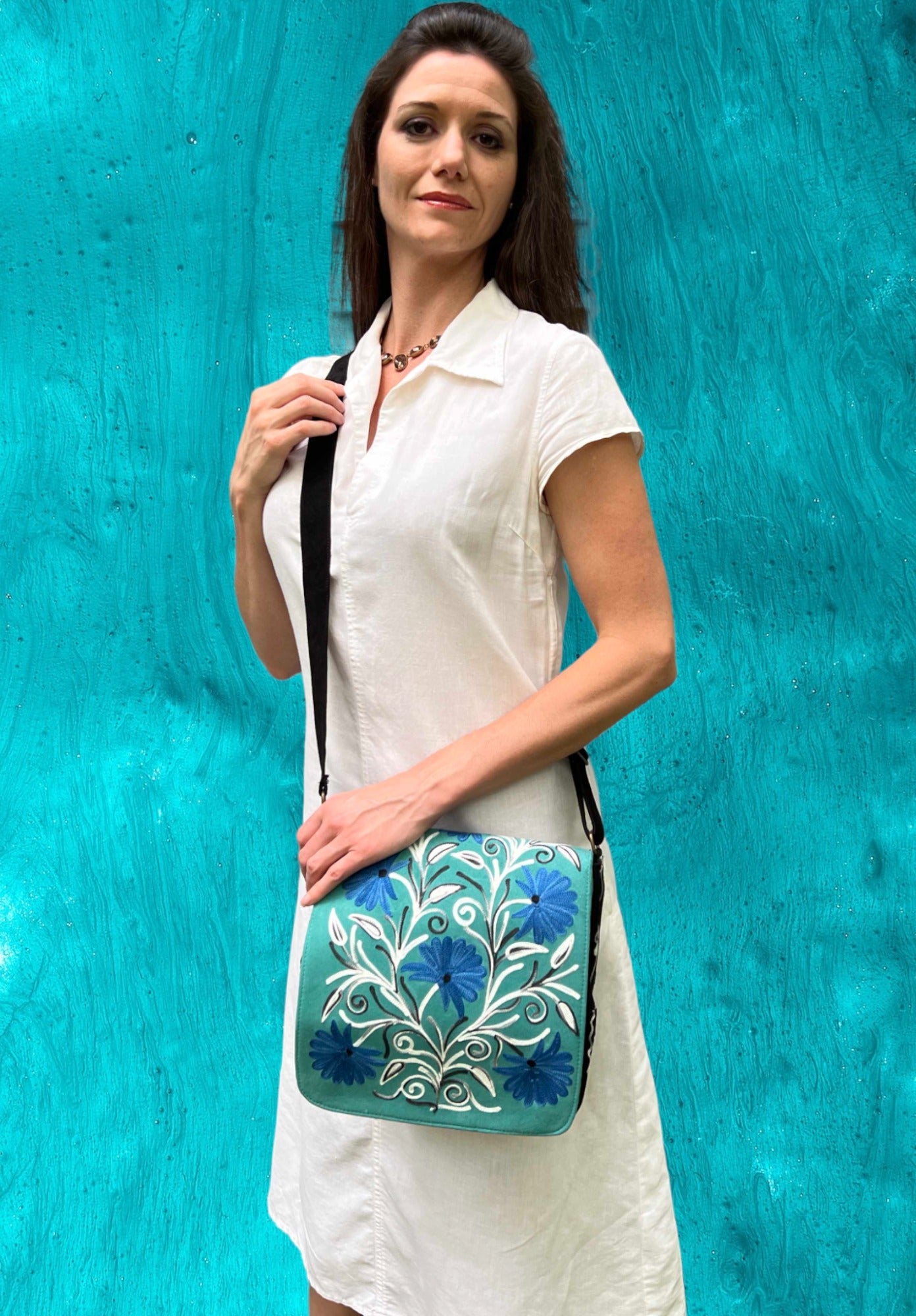 Handmade Blue and Green Suede Embroidered Messenger Bag-0