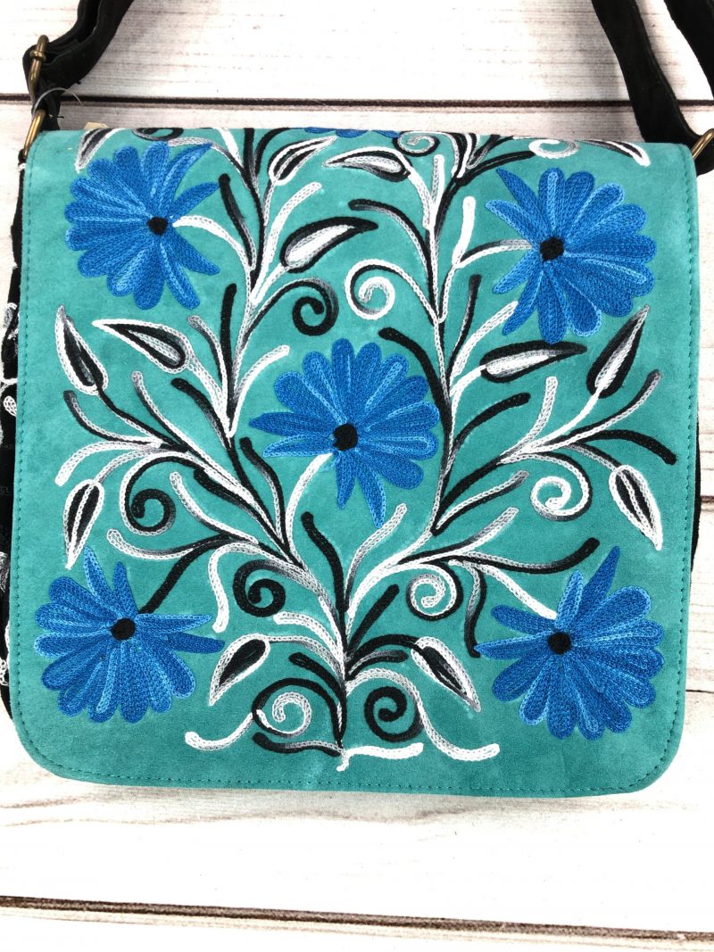 Handmade Blue and Green Suede Embroidered Messenger Bag-7