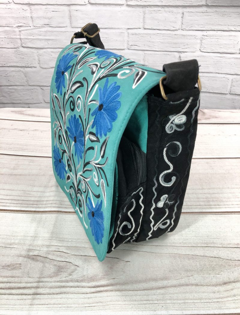 Handmade Blue and Green Suede Embroidered Messenger Bag-6