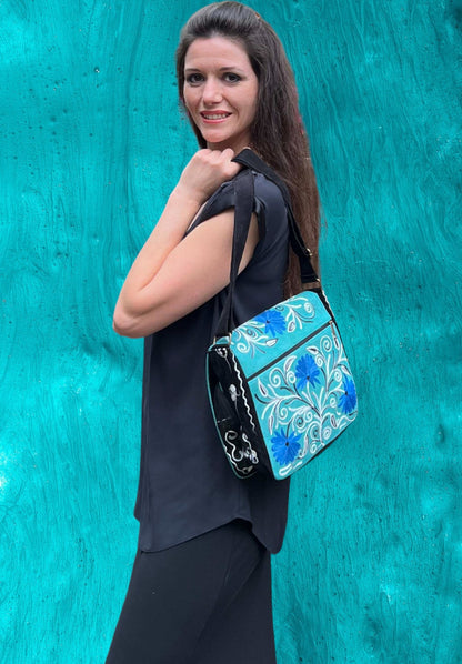 Handmade Blue and Green Suede Embroidered Messenger Bag-3