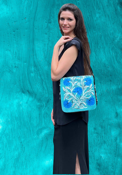 Handmade Blue and Green Suede Embroidered Messenger Bag-2