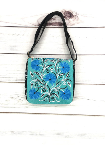Handmade Blue and Green Suede Embroidered Messenger Bag-5