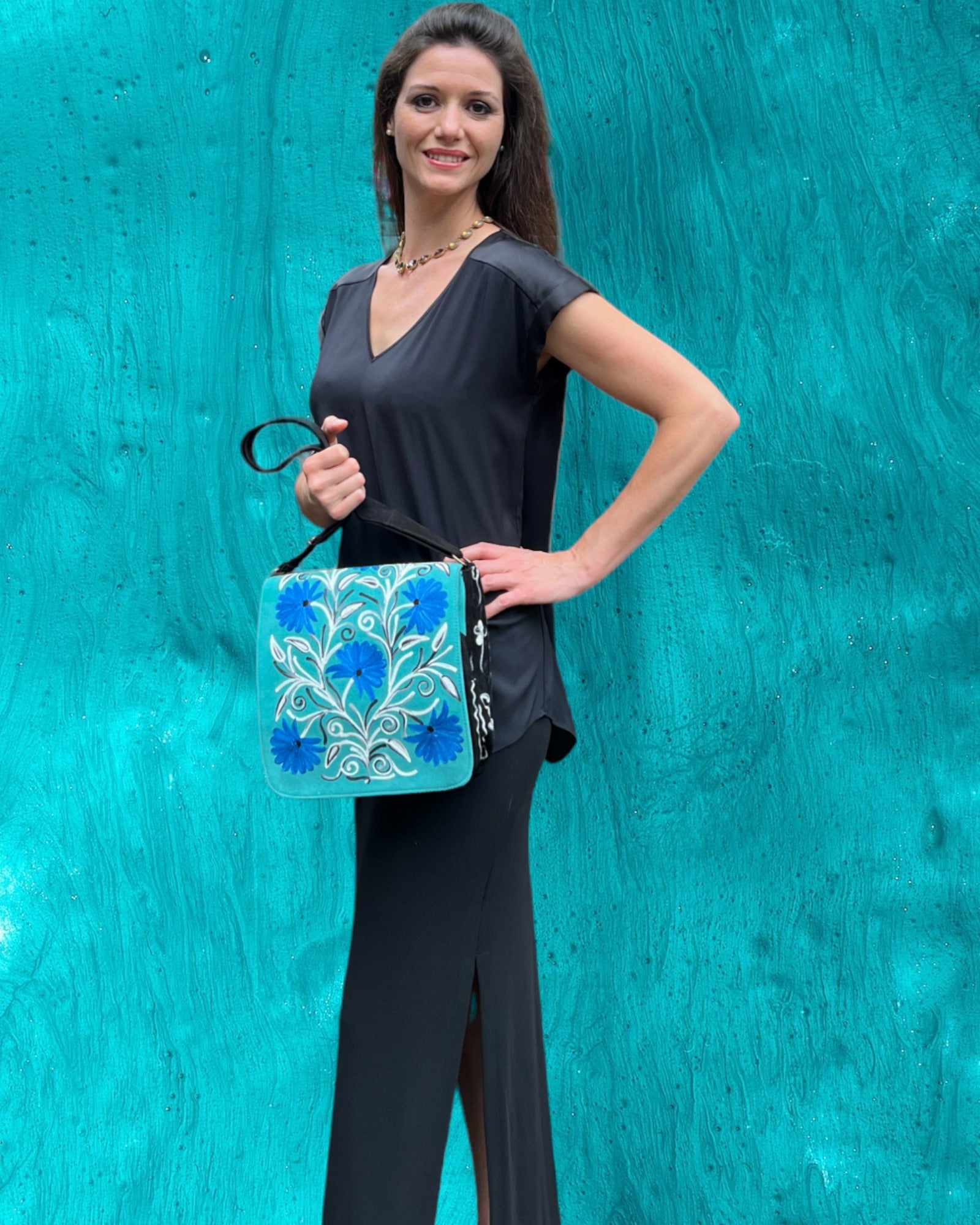 Handmade Blue and Green Suede Embroidered Messenger Bag-1