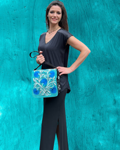 Handmade Blue and Green Suede Embroidered Messenger Bag-1