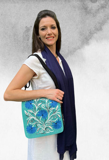 Handmade Blue and Green Suede Embroidered Messenger Bag-4