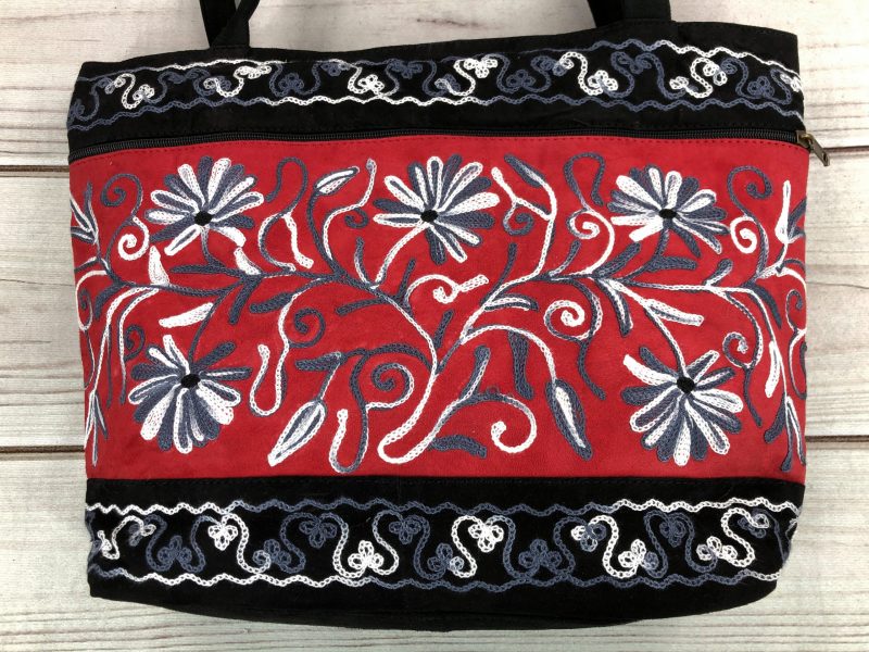 Handmade Red and Black Suede Embroidered Tote Bag-1