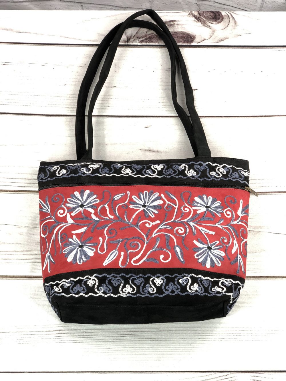Handmade Red and Black Suede Embroidered Tote Bag-2