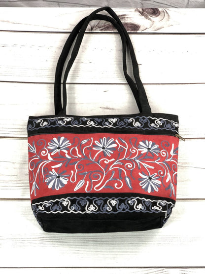 Handmade Red and Black Suede Embroidered Tote Bag-2