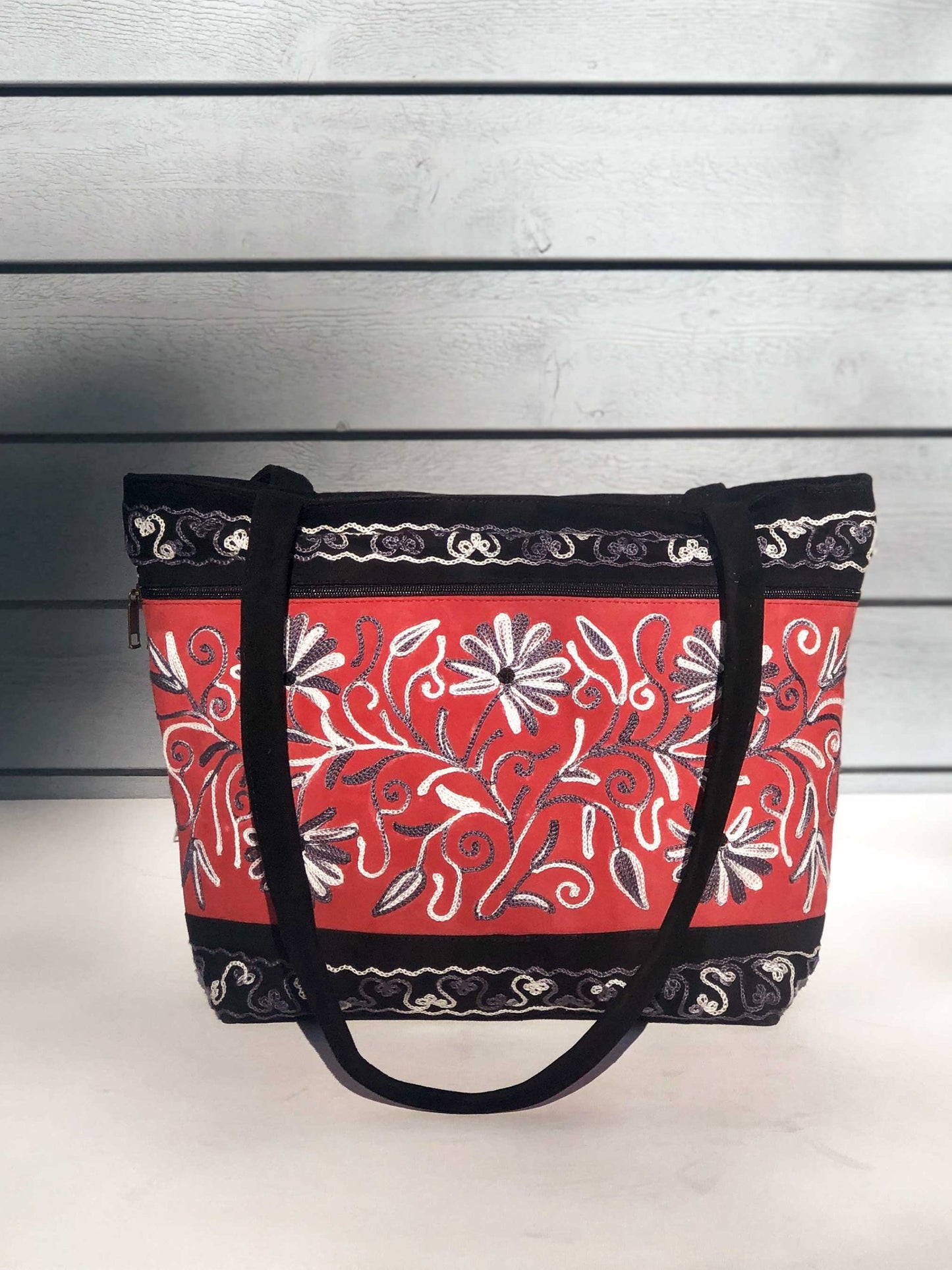 Handmade Red and Black Suede Embroidered Tote Bag-3