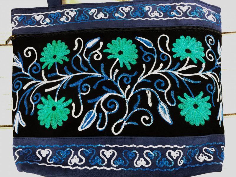 Handmade Black And Blue Suede Embroidered Tote Bag-12