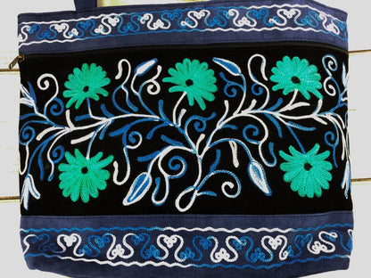 Handmade Black And Blue Suede Embroidered Tote Bag-12