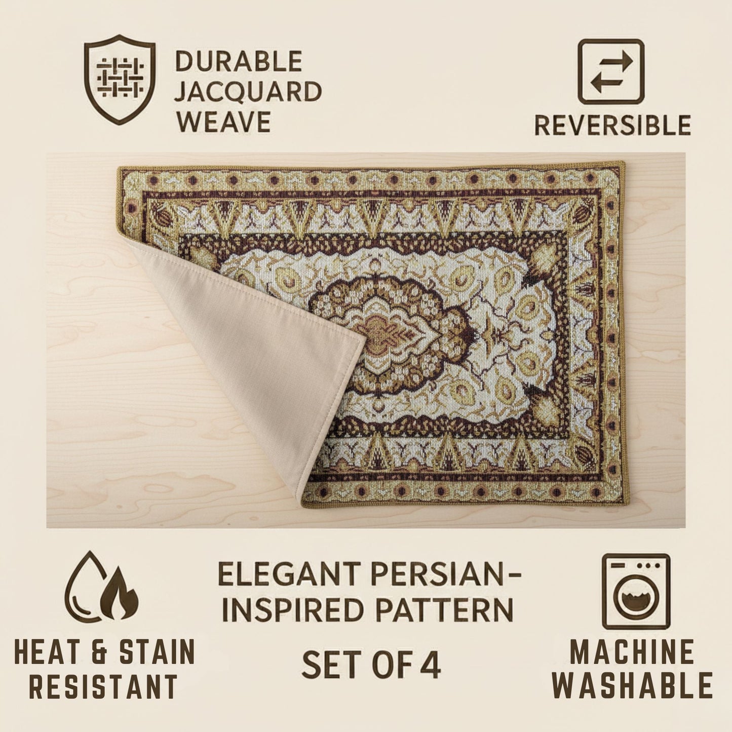 DaDa Bedding Set of 4-6 Pieces Royal Persian Style Rug Golden Brown Floral Tapestry Placemats 13” x 19” (18119)-2