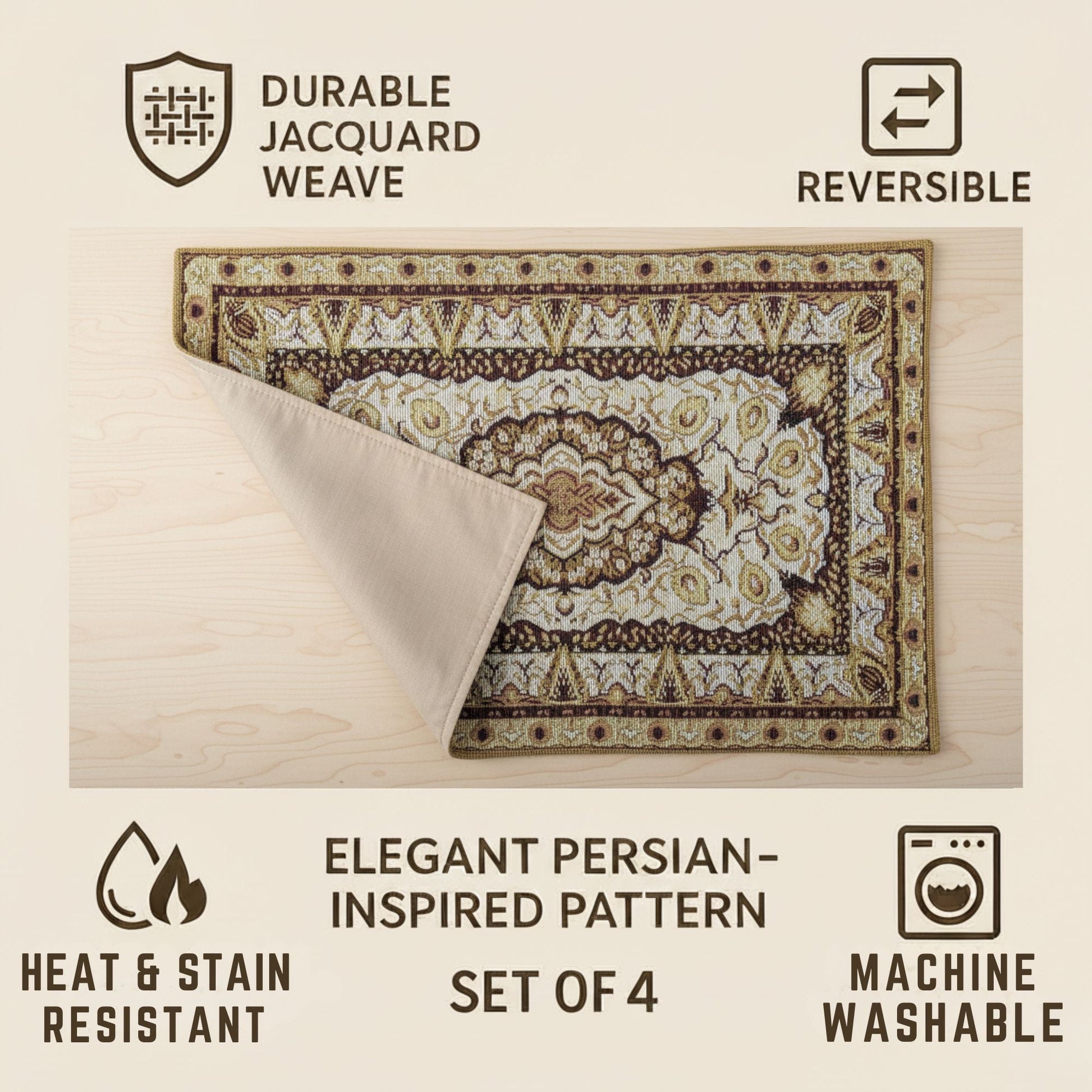 DaDa Bedding Set of 4-6 Pieces Royal Persian Style Rug Golden Brown Floral Tapestry Placemats 13” x 19” (18119)-2