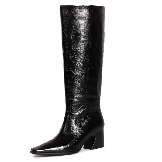 COMJUY 2" Black Textured Knee High Boots Women Low Heel Kitten Heel Knee High Boots for Women Pull on with Block Heel Square Toe Flat Tall Boots Riding Boots Women Gogo Boots Faux Leather Size 6