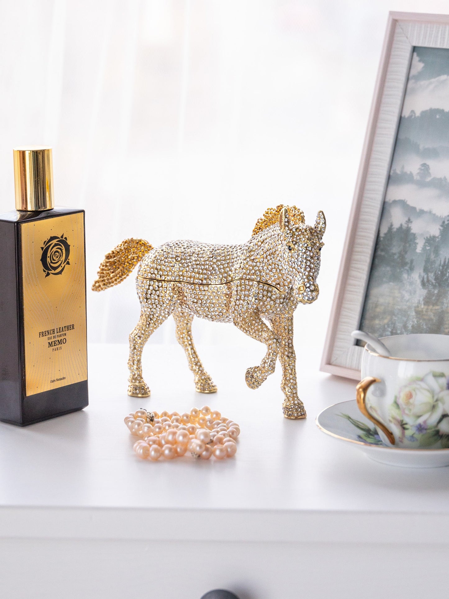 Large Golden Horse Decorated with White Crystals-1