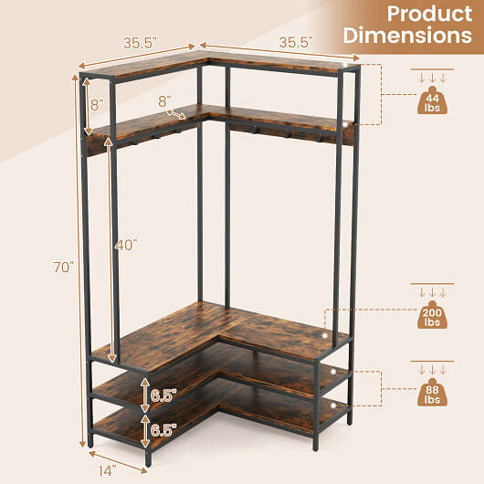 Corner Garment Rack with Open Shelves and 7 Hooks Shoe Bench-Rustic Brown-2