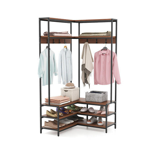 Corner Garment Rack with Open Shelves and 7 Hooks Shoe Bench-Rustic Brown-4