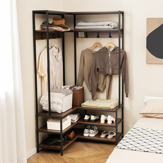 Corner Garment Rack with Open Shelves and 7 Hooks Shoe Bench-Rustic Brown-6