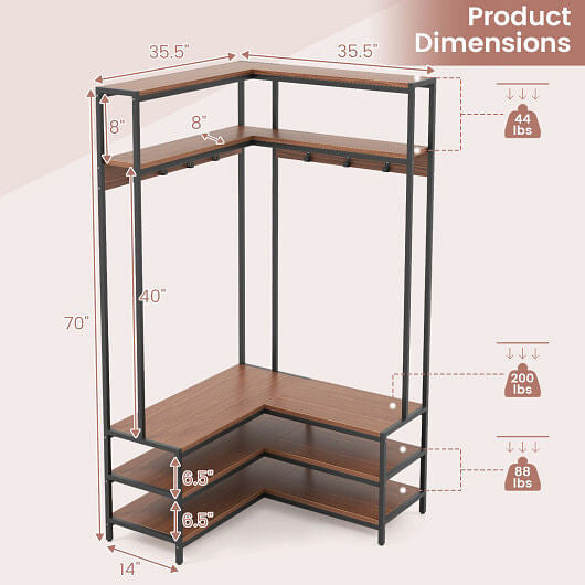 Corner Garment Rack with Open Shelves and 7 Hooks Shoe Bench-Rustic Brown-7