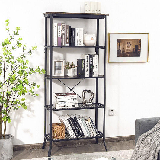 Industrial 5-Layer Bookshelf with Out-Stretched Legs-Rustic Brown-1