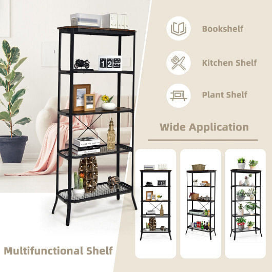 Industrial 5-Layer Bookshelf with Out-Stretched Legs-Rustic Brown-2