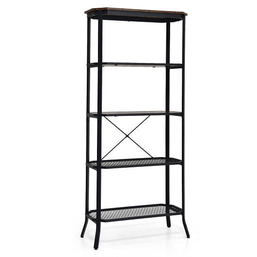 Industrial 5-Layer Bookshelf with Out-Stretched Legs-Rustic Brown-0