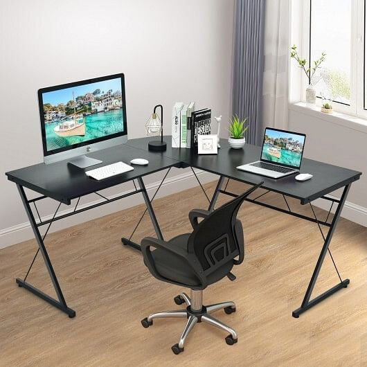 59 Inches L-Shaped Corner Desk Computer Table for Home Office Study Workstation-Black-2