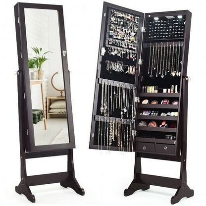 Lockable Mirrored Jewelry Cabinet with Stand and Led Lights-Brown-0
