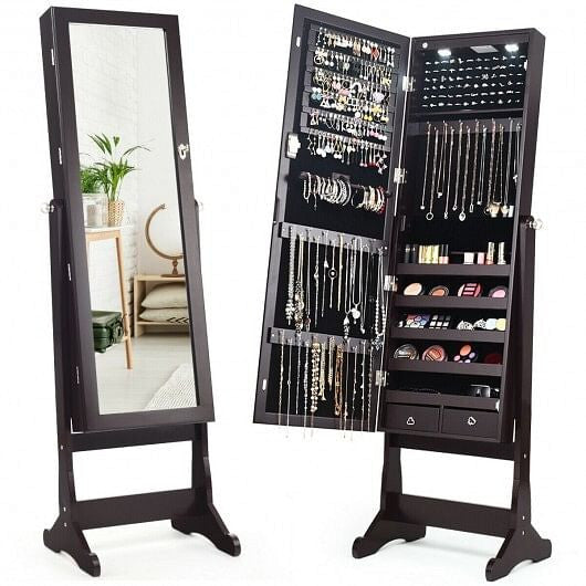 Lockable Mirrored Jewelry Cabinet with Stand and Led Lights-Brown-0