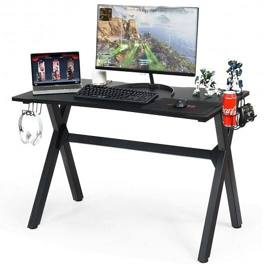Ergonomic Gaming Desk with Mousepad and Cup Headphone Holder-4