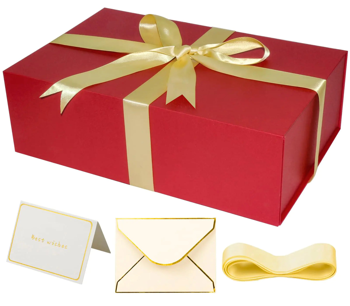YINUOYOUJIA Large Gift Box with Lid14"x9"x4.5" Magnetic Gift Box with RibbonCards and Envelopes for PresentsGreat for WeddingBirthdaysCraftingGift Packaging (Red)