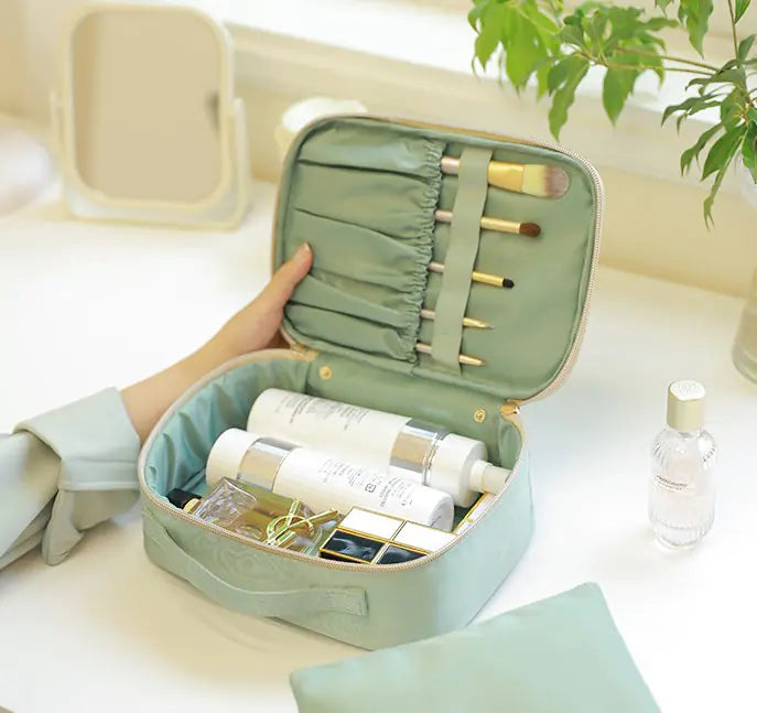 Green Cosmetic Makeup Bag for Women with Brushes
