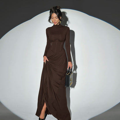 High Neck Waist-Cinched Slit Dress For Women, Elegant, Fifth Avenue, BYMANYC New York.-1