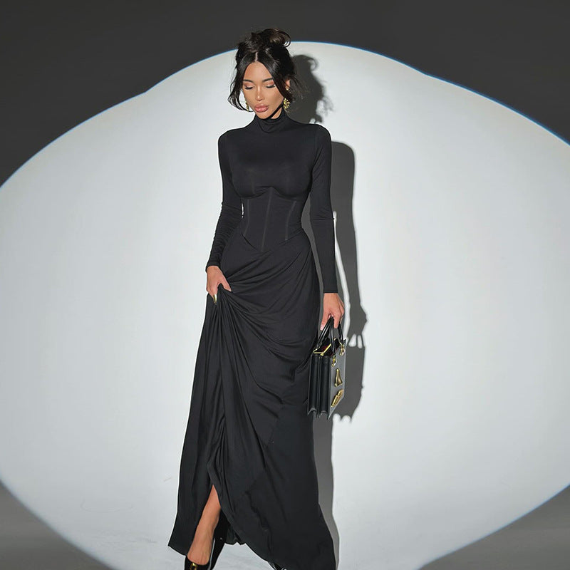 High Neck Waist-Cinched Slit Dress For Women, Elegant, Fifth Avenue, BYMANYC New York.-3